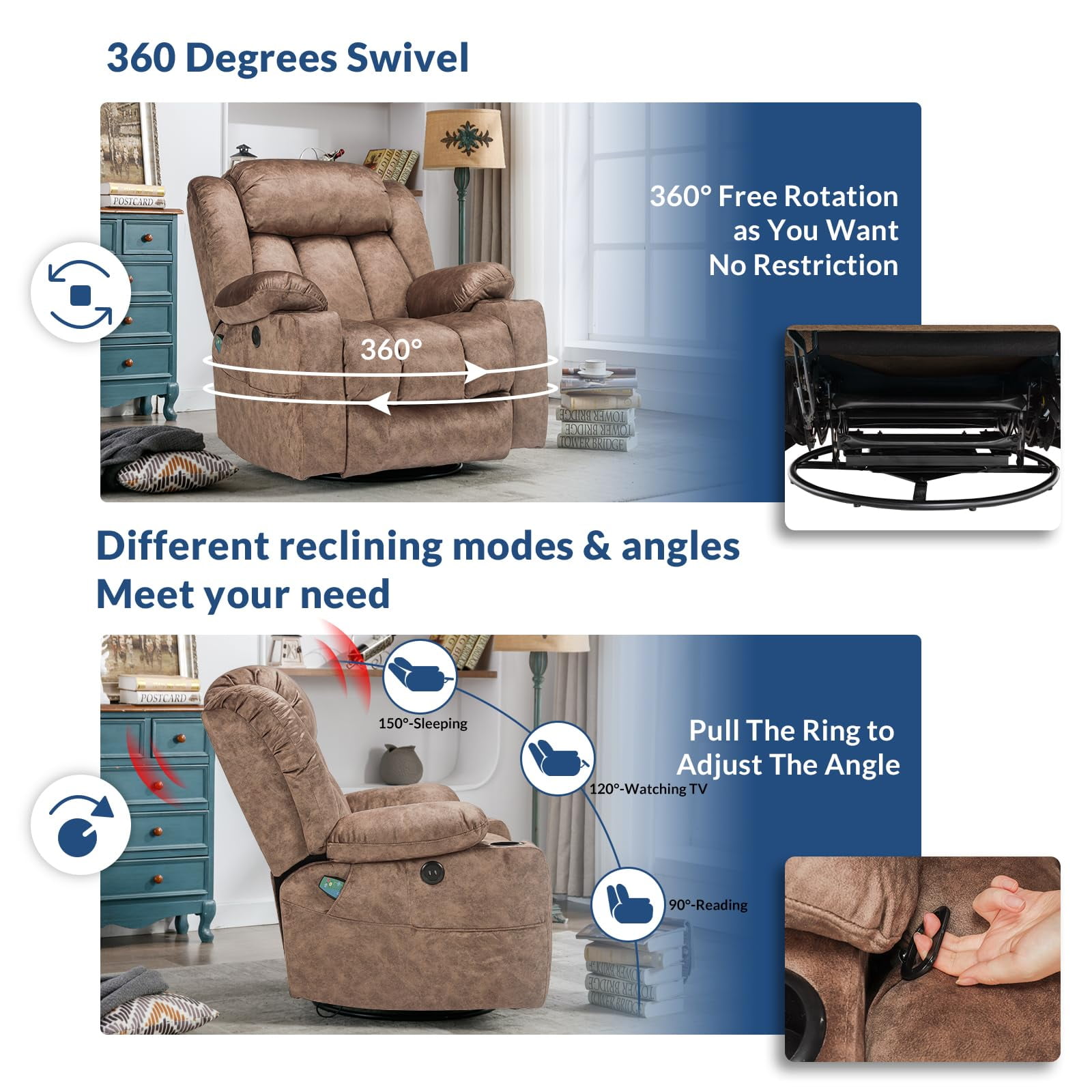 Manual Swivel Glider Rocker Recliner Chair with Heated Massage, 360° Swivel Overstuffed Lounge Chair with 2 Cup Holders, Side Pockets & USB Ports for Living Room, Fabric Brown