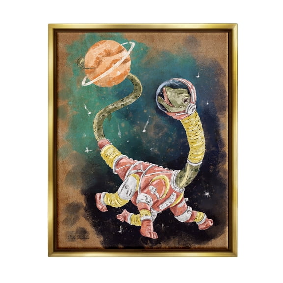 Stupell Industries Dinosaur in Outer Space Animals & Insects Painting Gold Floater Framed Art Print Wall Art, 17 x 21
