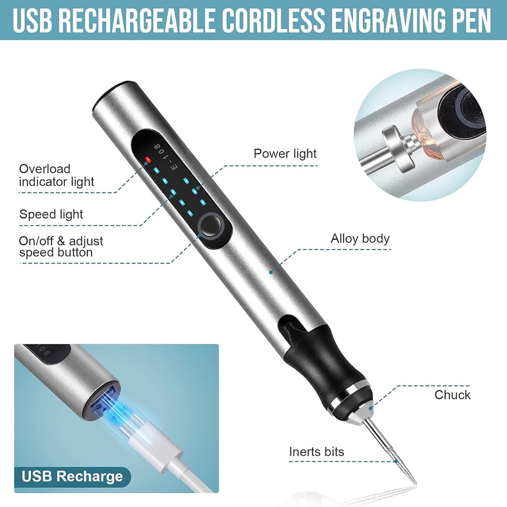 52Pcs Electric Engraving Pen Kits, Mini Portable Electric Engraver Tool for Jewelry Wood Metal Stone Plastic Glass Etching