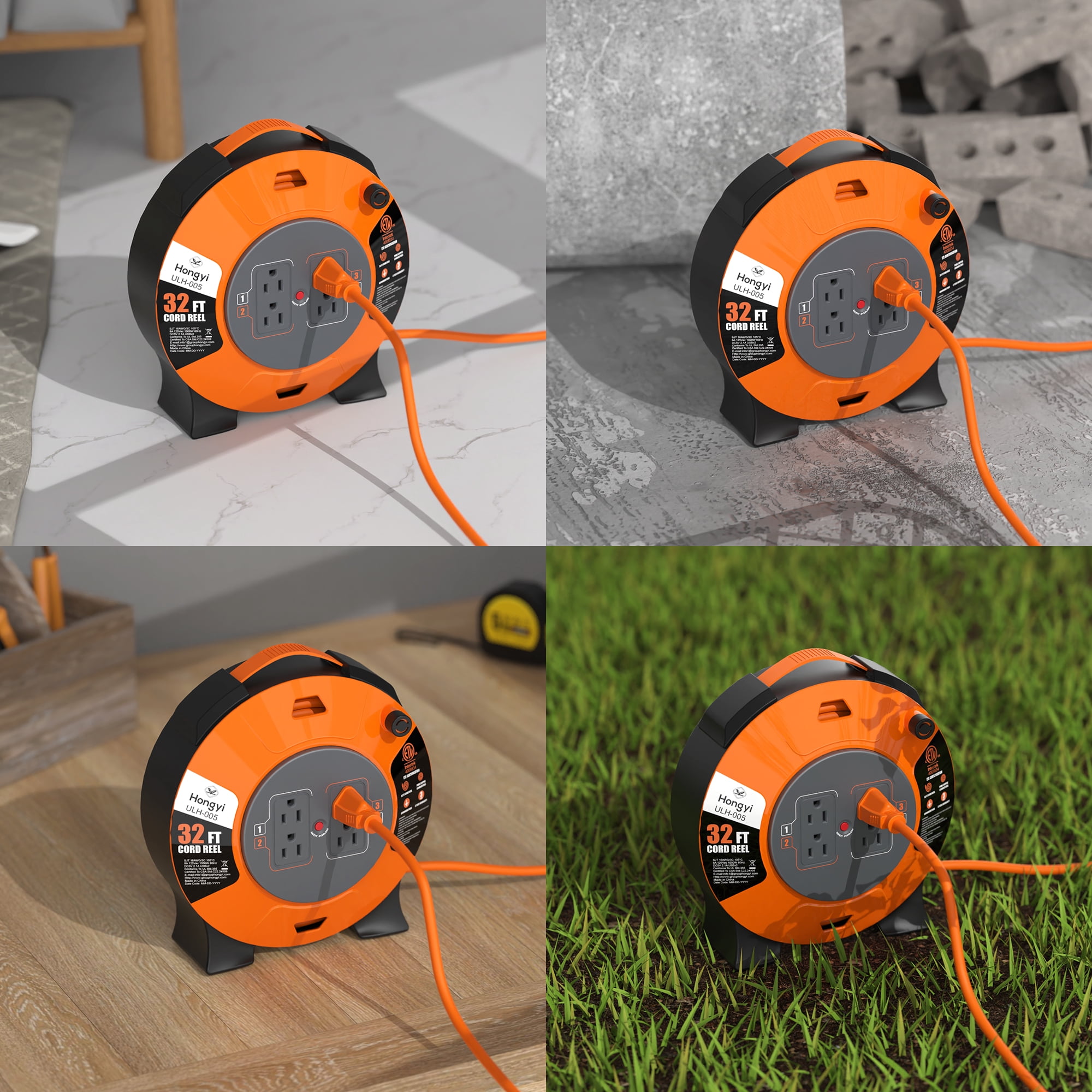 Hongyi Extension Cord Reel 32ft,16AWGX3C,SJT,4-Outlet,Orange