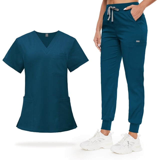 Set de exfoliantes VIAOLI para mujer con cuello en V y pantalones deportivos con 8 bolsillos