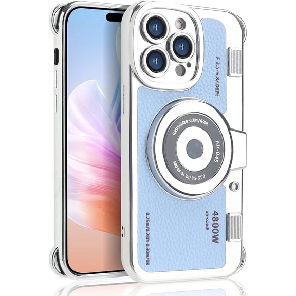 Emily in Paris Phone Case Compatible with iPhone 14 Pro Max Case Cute 3D Vintage Camera Phone Case Handbag Lanyard Strap Plating Camera Protective PU Leather Cover for Women and Girls, Blue