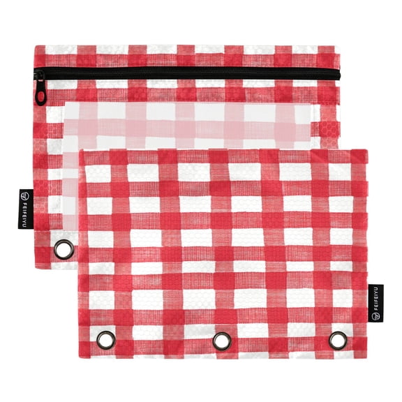 2 Pack 3 Ring Binder Pouch with Clear PVC Window Water Resistant Zipper Pencil Pouch Bold Red Check Print Binder Pocket for Classroom Office Home Stationery Organization