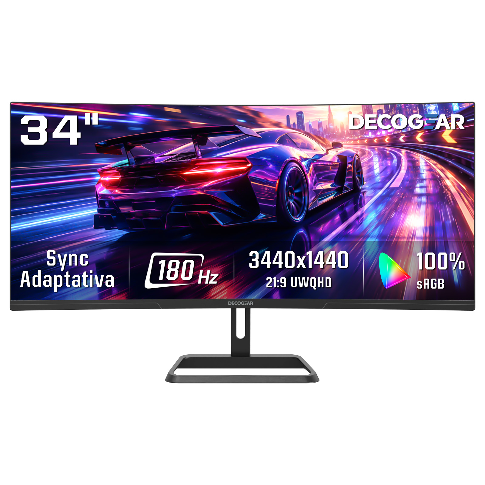 Deco Gear 34" Curved UltraWide WQHD Monitor 3440×1440, 100Hz, 1ms, 99% sRGB, HDR, Low Blue Light, PIP/PBP, 2× HDMI, 2× DisplayPort, Tilt-Adjustable Stand - Business Productivity Display