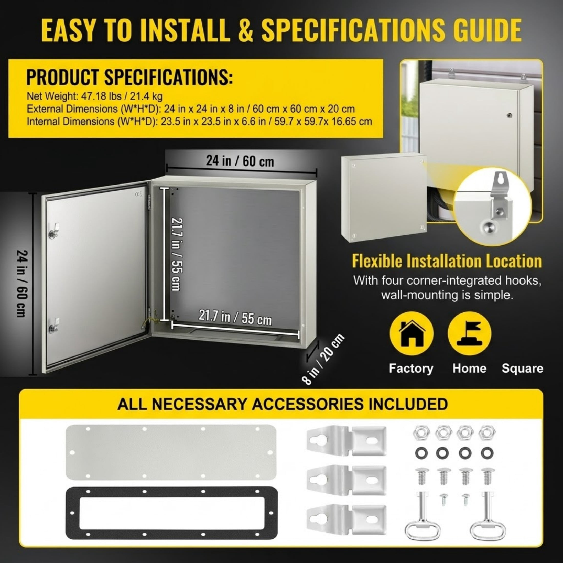 24" x 24" x 8" NEMA 4X Steel Electric Enclosure, IP66 Waterproof Metal Electrical Box with Mounting Plate, Indoor/Outdoor Use