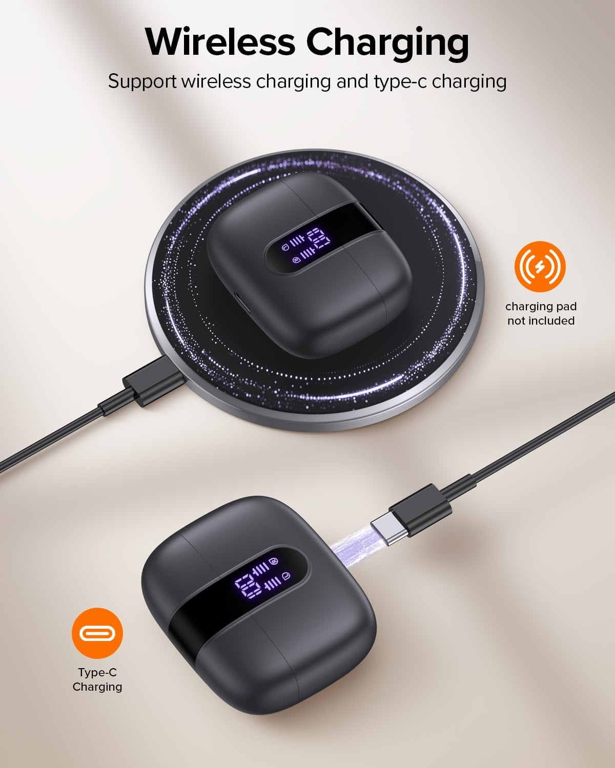 TAGRY Bluetooth Headphones True Wireless Earbuds 60H Playback LED Power Display Earphones with Wireless Charging Case IPX5 Waterproof in-Ear Ear buds with Mic for TV Smart Phone Laptop