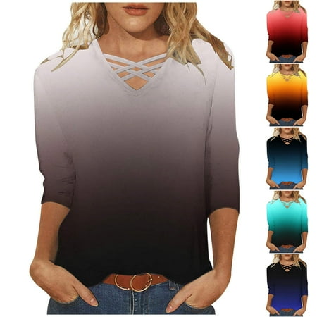 Dazajoo Plus Size 3/4 Sleeve Tops for Women Trendy Gradient Color Cross Front Shirts 2025 Fall Womens Loose Casual V Neck Blouses,Red,S