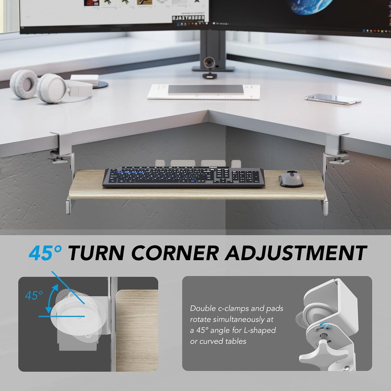 Under Desk Pull Out Keyboard Tray with Sturdy C Clamp Mount System, 27.3 x 11 Inch Slide-Out Platform Computer Drawer for Typing