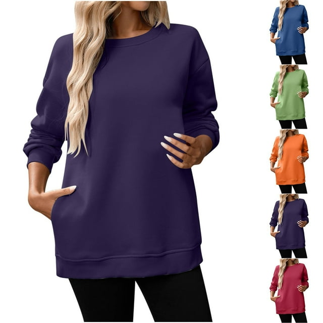 Yuyuzo Chandails à Col Rond pour Femmes, Chandails Décontractés à Manches Longues, Mode d'Automne, Couleur Unie, Doux et Confortables, Hauts à Enfiler