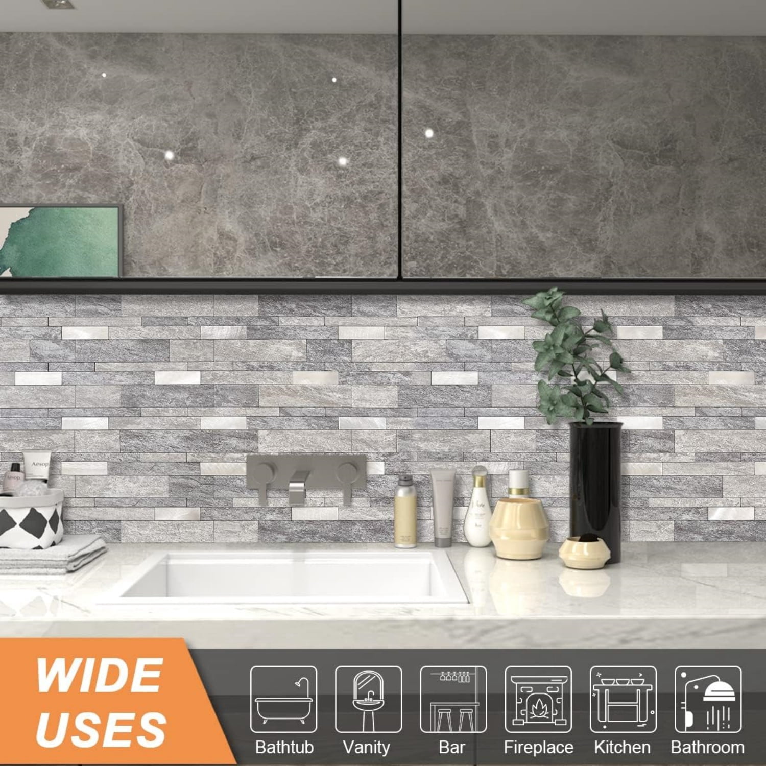 Backsplash Tile Peel and Stick Kitchen Stone Subway Linear Mosaic Bathroom Shower Wall Waterproof(10pcs,Gray)