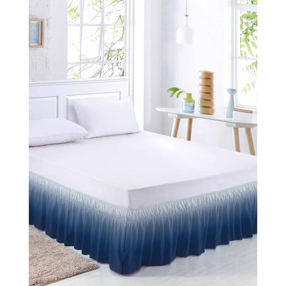 Navy Blue Bed Skirt Queen Size 18 Inch Drop, Gradient Solid Color Ombre Modern Art Adjustable Elastic Dust Ruffles Bedskirt for Queen Bed Wrap Around Pleated Mattress Frame Cover
