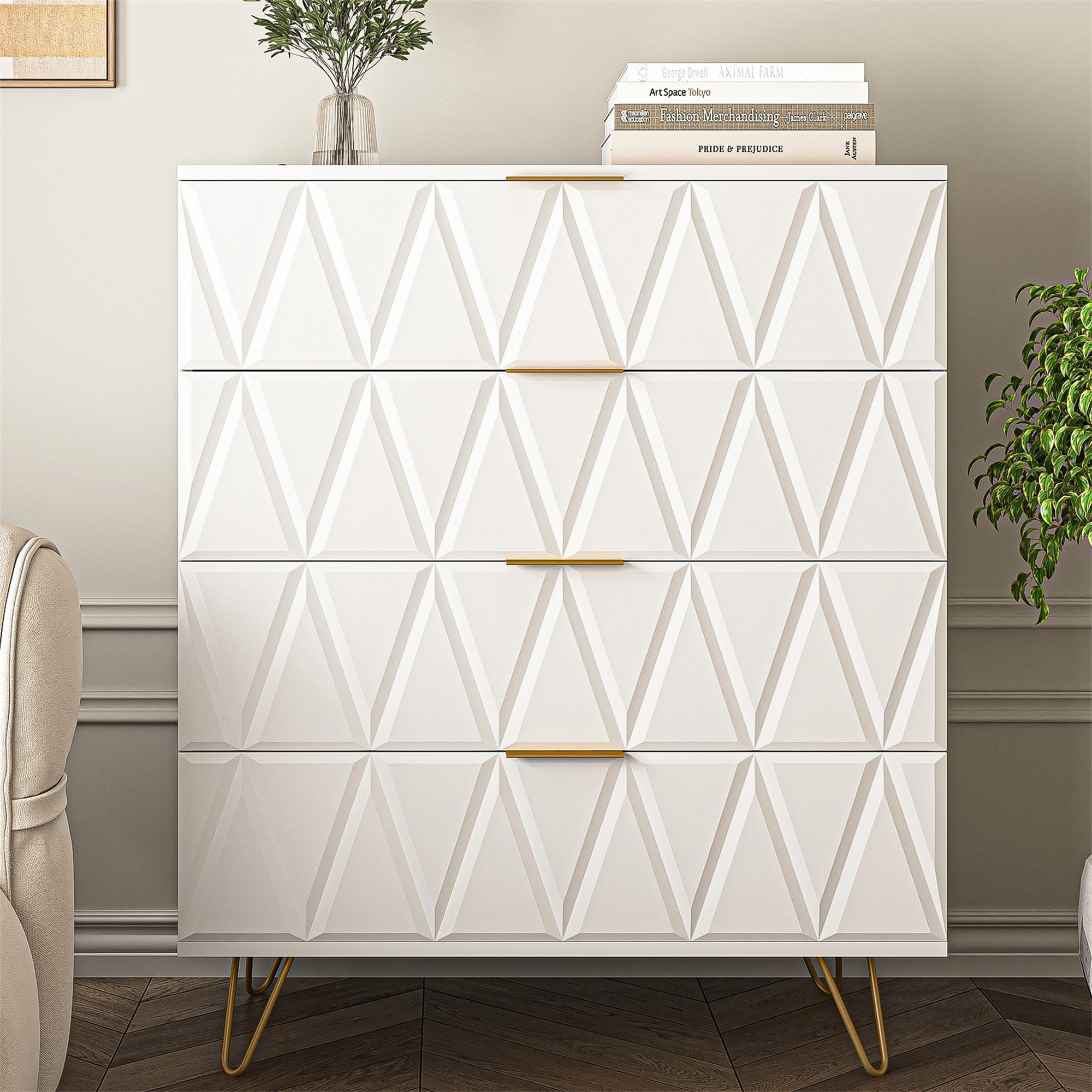 Spaco Dresser for Bedroom 4 Drawers Dresser Chest of Drawer Bedroom Furniture, White Dresser Three-dimensional Engraved Drawer Board Spaco Dresser for Bedroom 4 Drawers Dresser Chest of Drawer Bedroom Furniture, White Dresser Three-dimensional Engraved Drawer Board