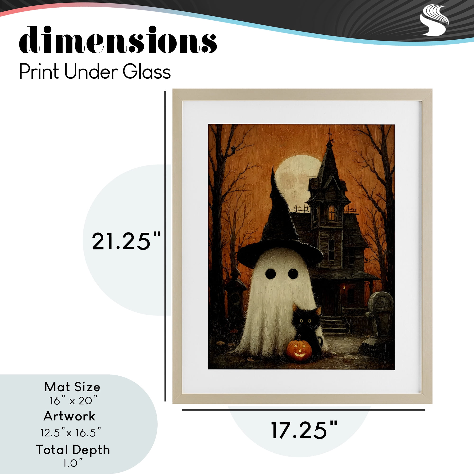 Cute Ghost & Haunted House Birch Framed Print Under Glass, design by Arlington Prints