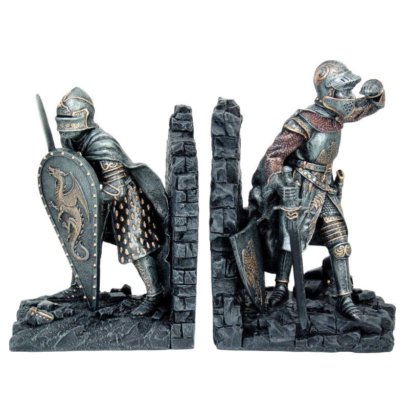 Medieval Knights in Full Armor Battling Bookends Set Collectible Figurine 8 inch Tall