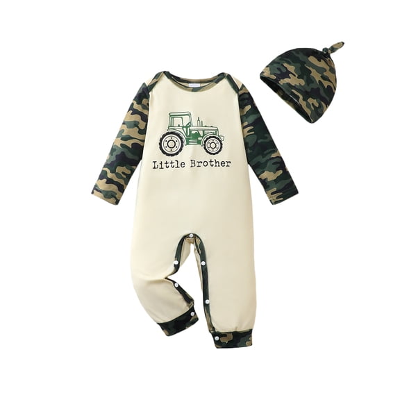 KIMI BEAR Newborn Baby Boys Romper 0-3 Months Winter Clothing Long Sleeves Color Block Jumpsuit Car Print Camouflage One-piece Overalls with Hat 2pcs Casual Clothing Green