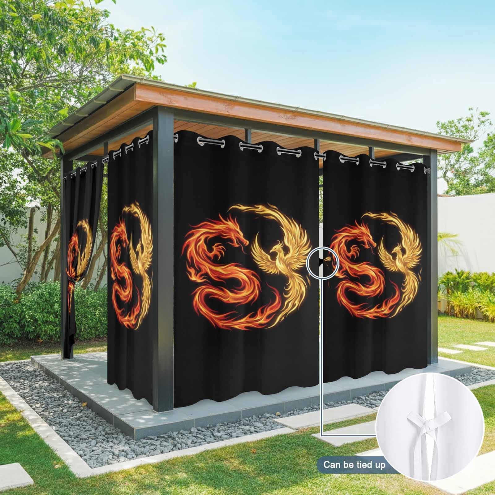 Dragon Phoenix Outdoor Curtains for Patio, Modern Mythical Mysterious Gold Red Symbolic Black Sunshade Privacy Drapes Grommet Waterproof Outside Curtains for Porch/Cabana/Balcony 54"x 108", 1 Panel
