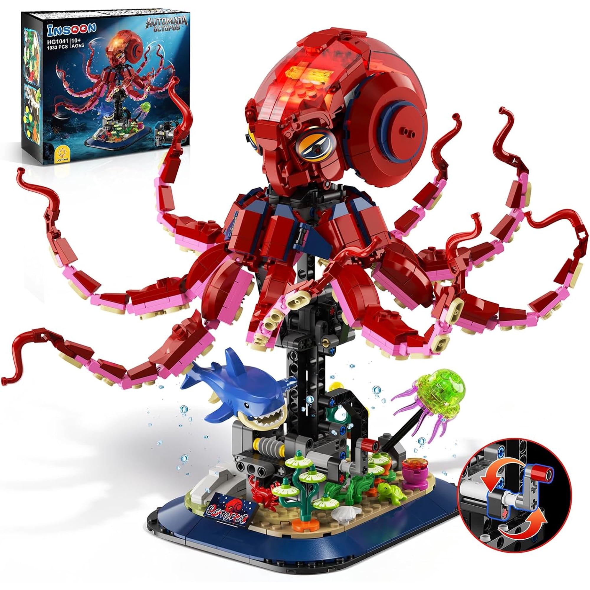 TERRAMUS Mechanical Octopus Building Set, 1031 Pcs Movable Automata Ocean Animal Block Kit with Deep Sea Display Stand Toys for Kids Age 12+