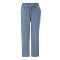 thumbnail image 4 of Women's Cotton Linen Blend Pants, High Waist Drawstring Wide Leg Casual Trousers, Elastic Waist Straight Leg Pants with Pockets, Comfy Lounge Wear for Daily, Spring and Summe-Sky Blue, 4 of 9