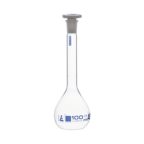 Volumetric Flask, 100ml - Class A, ASTM - Tolerance ±0.08ml - Includes Individual Work Certificate - 14/23 Polypropylene Stopper - Single Graduation - Borosilicate Glass - Eisco Labs