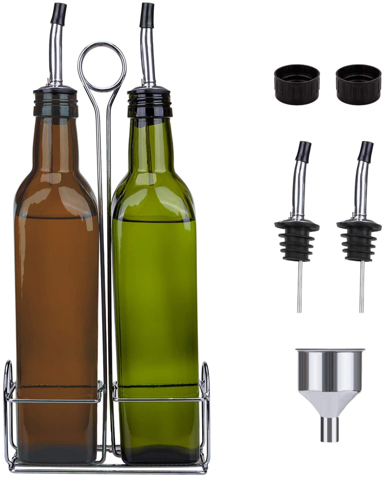 2 Pack 17oz Glass Olive Oil Bottle with Stainless Steel Holder Rack, Olive Oil & Vinegar No-drip Dispenser Bottle Set with Pourers and Funnel for ...