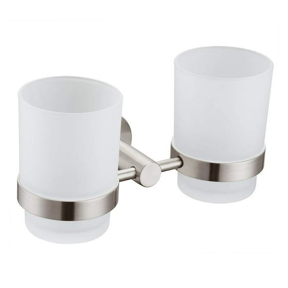 Double Toothbrush Holder Angle Simple SUS304 Stainless Steel Wall Mounted Glass Tumbler Holder with Frosted Glass Cup Toothpaste Razor Organizer Bathroom Storage Brushed Nickel