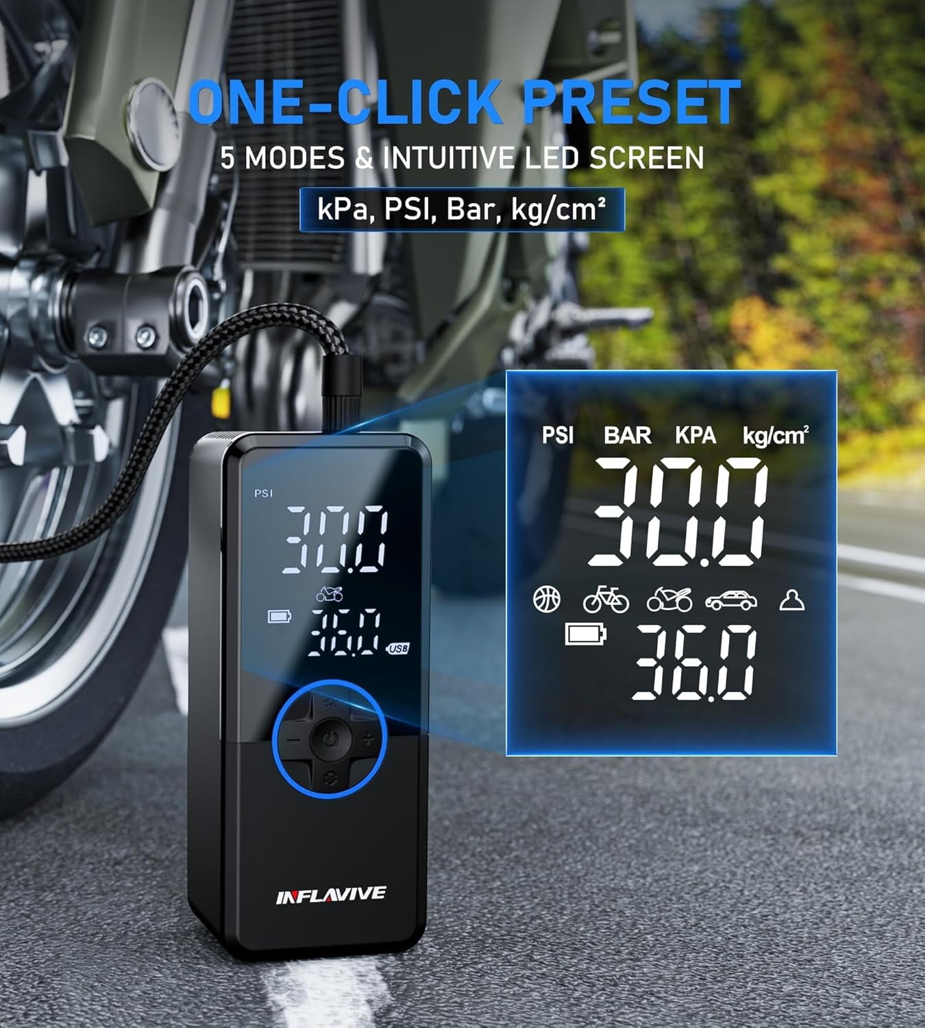 Tire Inflator Portable Air Compressor,150PSI Faster Inflation Cordless Tire Air Pump with Digital Gauge,Auto Shut-Off,LED Light,Electric Air Pump for Car Tires,SUV, Motorcycle, Bike, Balls（Blue)