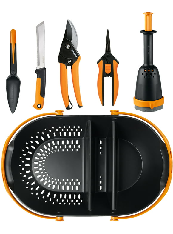 Fiskars Food Gardening Tools Kit with Harvest Basket, 6 Piece Bundle , Black and Orange