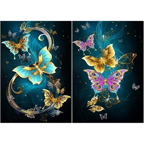 Pintura de diamante 5d de bricolaje, kit de 2 piezas de punto de cruz, kits de pintura de diamante bordado para sala de estar, dormitorio, decoración, pegatina de pared, mariposa (mariposa)