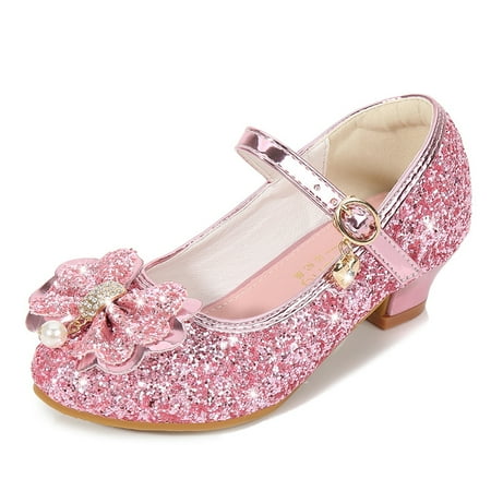 

Girls PU Leather Princess Shoes Glitter Pearl Bow Decor High Heels Dress Shoes For Wedding Party Dancing Performance