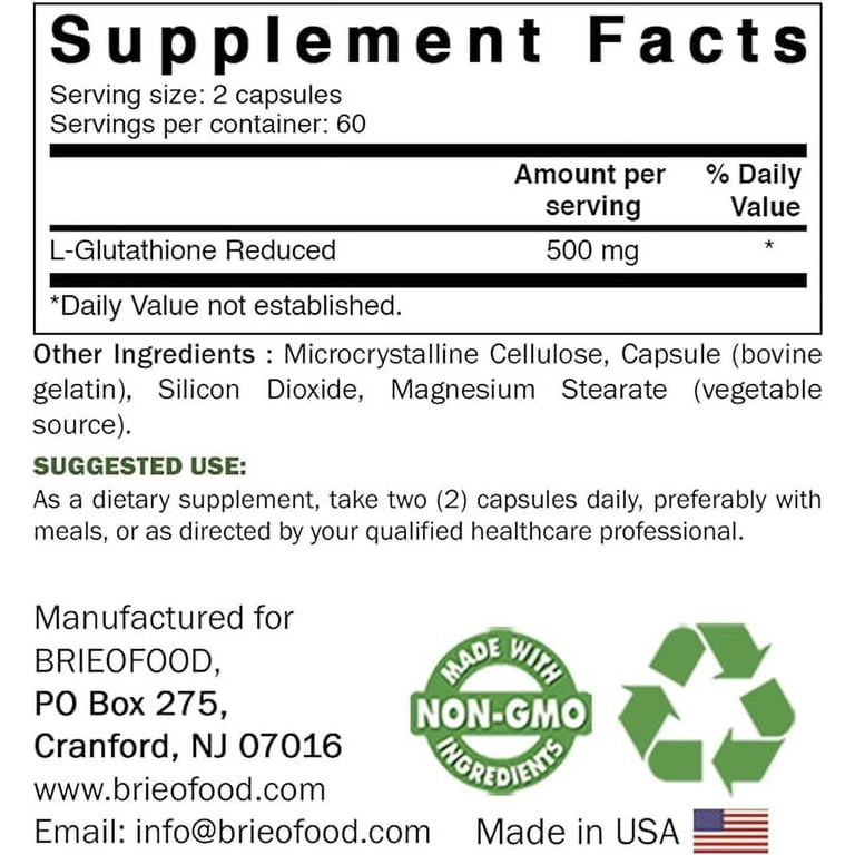 Brieofood Glutathione, 500mg, 120 Capsules, immune support supplement