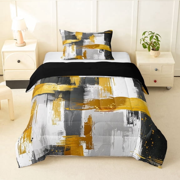 Homewish Gray Gold Stripes Twin Comforter Sets,Modern Geometric Artwork Bedding Set,Black Reversible,2-Piece,1 Comforter and 1 Pillowcase
