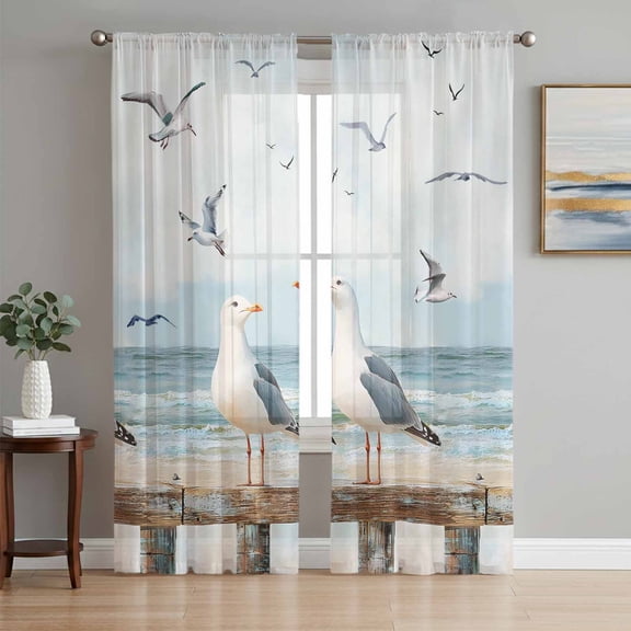 Coastal Seagull Sheer Curtains 84 Inch Length 2 Panels Set, Summer Beach Ocean Birds Retro Voile Window Treatment Rod Pocket Curtains Sheers Drapes for Bedroom/Living Room/Kitchen 52"x84"x2
