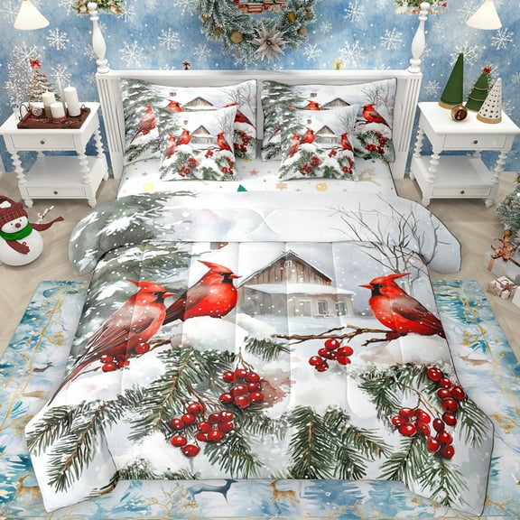 Manfei Cartoon Cardinal Bird 7-Piece Twin Bedding Sets,Red Christmas Berry Bedding Comforter Set,Rustic Farmhouse Cabin Sheet Sets For Men Women,Microfiber Bedroom Decor Reversible