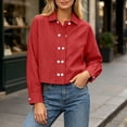 thumbnail image 2 of QIYAGBSA Shirts for Women Button Down Collared Long Sleeve Cropped Cotton Linen Blend Relaxed Fit Casual Everyday Wear (Red, L), 2 of 6