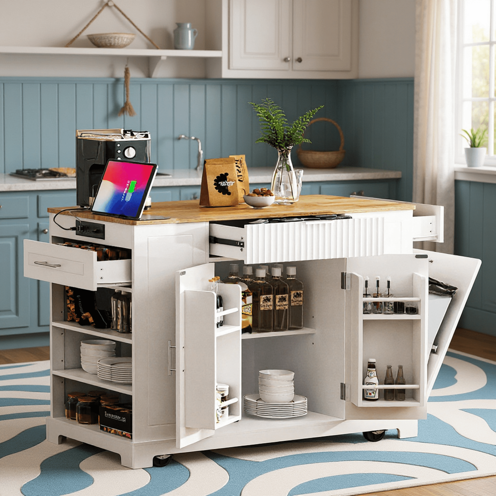 Homy Casa Kitchen Island with Power Outlet, Hidden Trash Bin, Rolling Storage Cabinet with Drawers