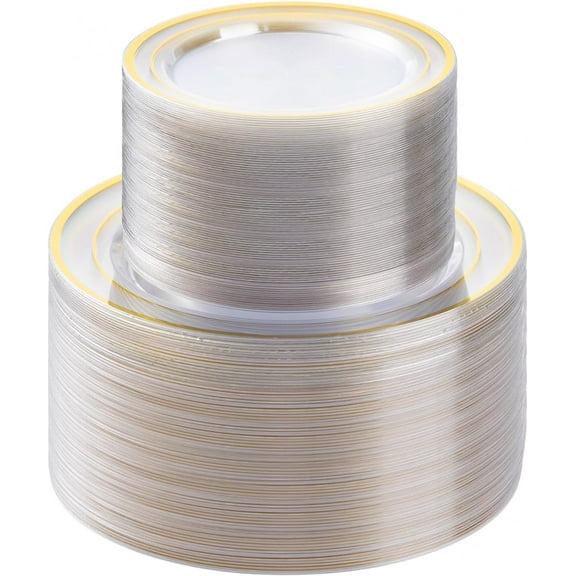 200PCS Clear Gold Plastic Plates Set, 100 10.25 inch Dinner Plates and 100 7.5 inch Dessert Plates, Disposable Plates for Party, Wedding