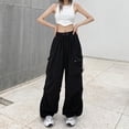 thumbnail image 1 of Mono de nailon de secado rápido, pantalones de paracaídas americanos de verano para mujer, pantalones deportivos casuales de cintura alta y pierna ancha con cordón, 1 of 6