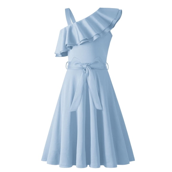 Arshiner Girls Dress One Shoulder Formal Ruffle Trim Birthday Party Dresses with Belted Pockets