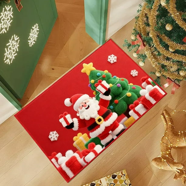 Seyotauo Winter Merry Christmas Santa Deer Snowflake Kitchen Rugs and Mats Kitchen Floor Mats Seasonal Decor Anti Slip Xmas Tree Cushion Case Bathroom Rug for Indoor Holiday Decoration
