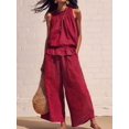 thumbnail image 4 of Women Summer 2 Piece Outfits Sleeveless Ruffle Top Wide Leg Pants Set with Pockets Wine Red S, 4 of 8