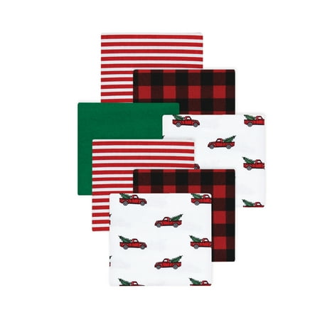 Little Treasure Hudson Baby Cotton Poly Flannel Receiving Blankets 7-Pack, Red Christmas Tree Truck, 30x30 inches
