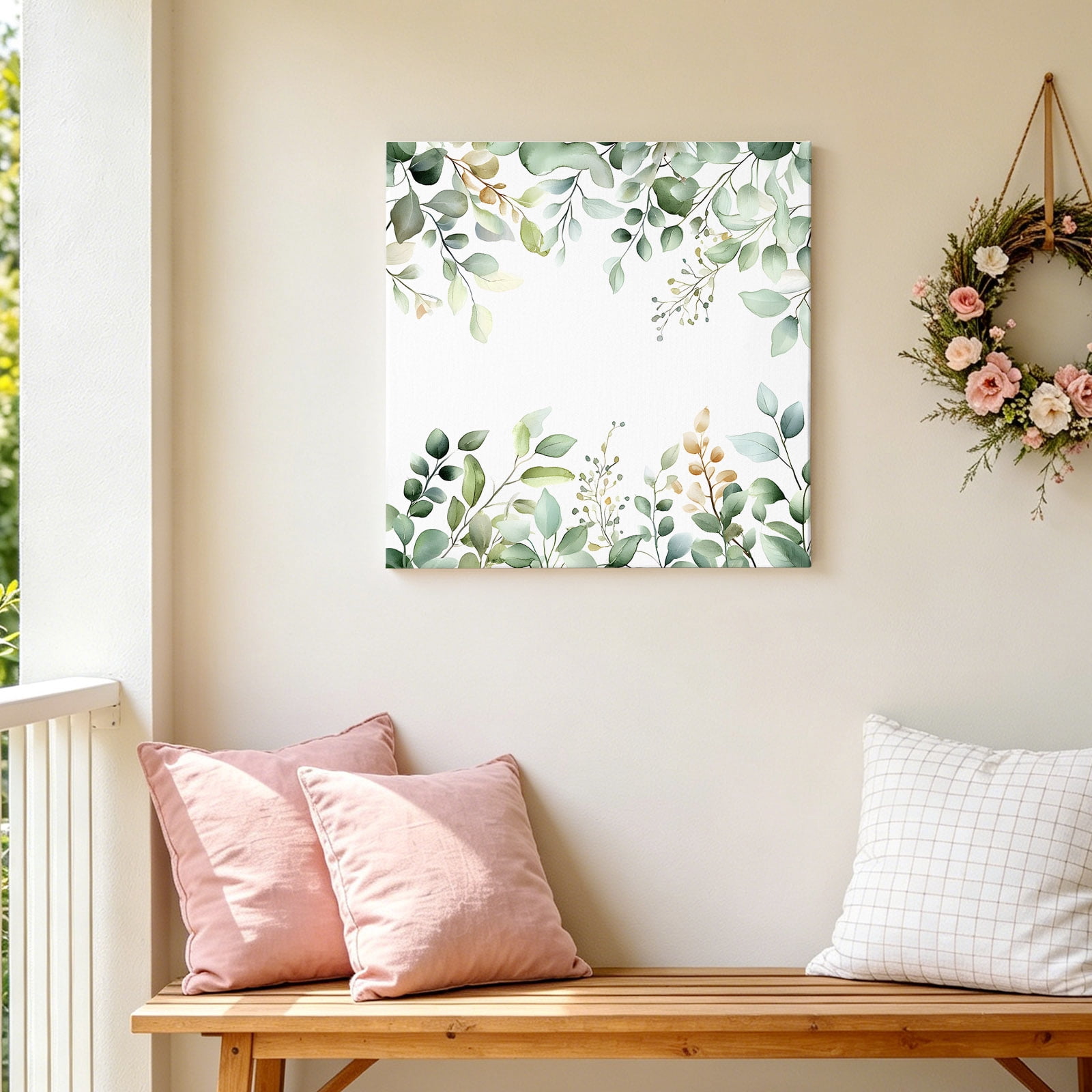 Sage Green Canvas Wall Art for Living Room, Eucalyptus Leaf Watercolor Plants Farmhouse Poster Print Painting for Bedroom Office Home Decoration Wall Pictures Prepare To Hang 16"x16"