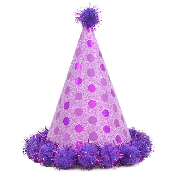 KAKOWELY Sombrero de papel para cumpleaños con bolas de peluche brillantes, suministros para fiesta (morado)