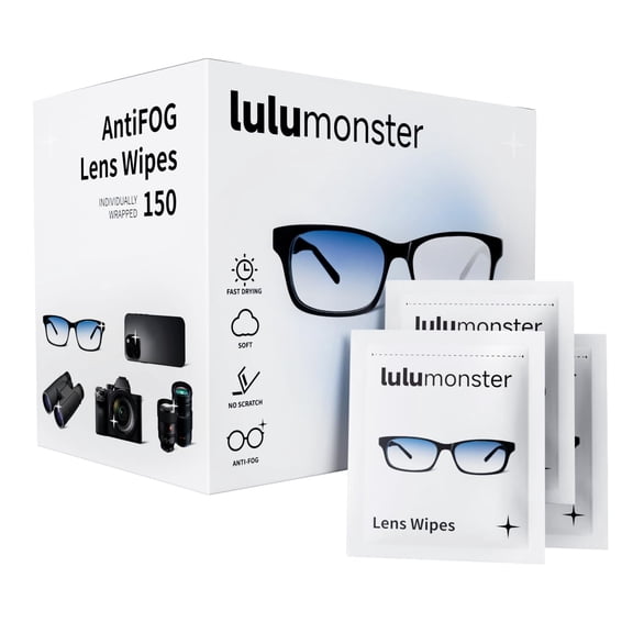 Anti Fog Lens Wipes for Eyeglasses Lulumonster, [150 Individually Wrapped Wipes] [Non-Scratching & Non-Streaking] Cleaner Wipes for Glasses, Sunglass, Phone Screen Camera Lens, Goggles C67