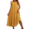 thumbnail image 2 of Vestido elegante de lino con cuello en V para mujer - Dobladillo escalonado, corte holgado, para vacaciones/casual, mezcla transpirable - Diseño de color liso, 2 of 8