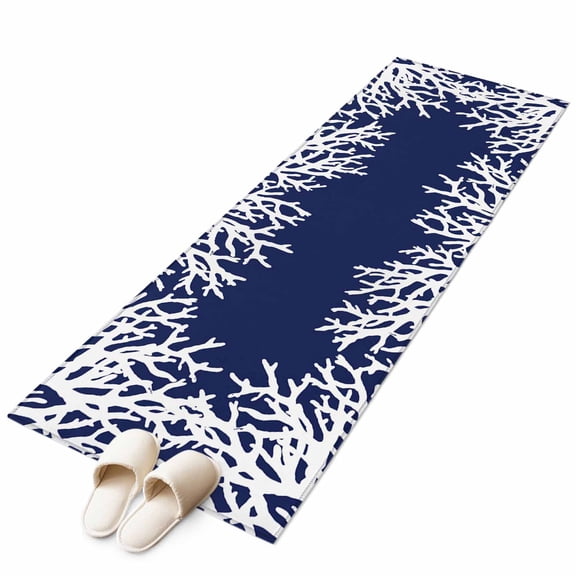 Coastal Coral Runner Rug 2x6 Washable Kitchen Rug Non-Slip Lightweight Thin Soft Low Pile Bathroom Runner Navy Blue Ocean Marine Nautical Beach Carpet for Hallway Laundry Room Bedroom Entryway
