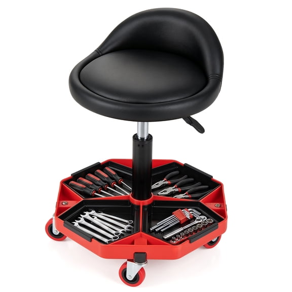 Costway Rolling Mechanic Stool with Tool Storage Tray, Backrest, PU Leather Seat Cushion