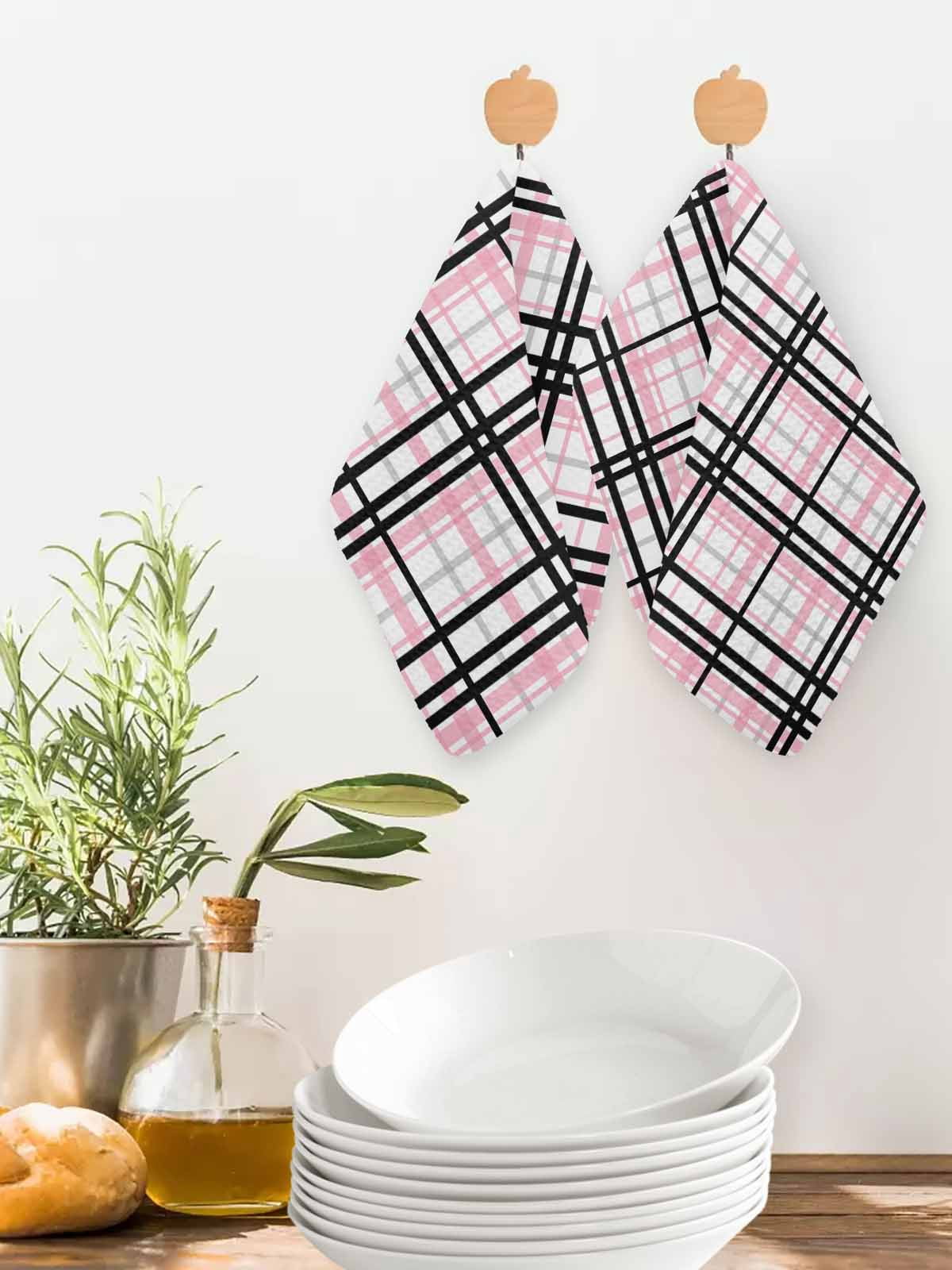 Pink Black Plaid Dish Towels Set, Waffle Weave Kitchen Towels 3 Pieces, Farmhouse Pink Black Checkered Microfiber Hair Face Bath Tea Towel Absorbent Quick Drying Cleaning Dish Cloths 12"x12"