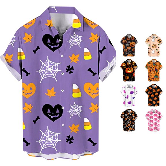 LIIPEE Halloween Graphic Shirt For Men Short Sleeve Turn Down Collar Button Up Shirts Male Comfortable Breathable Party Tops,M