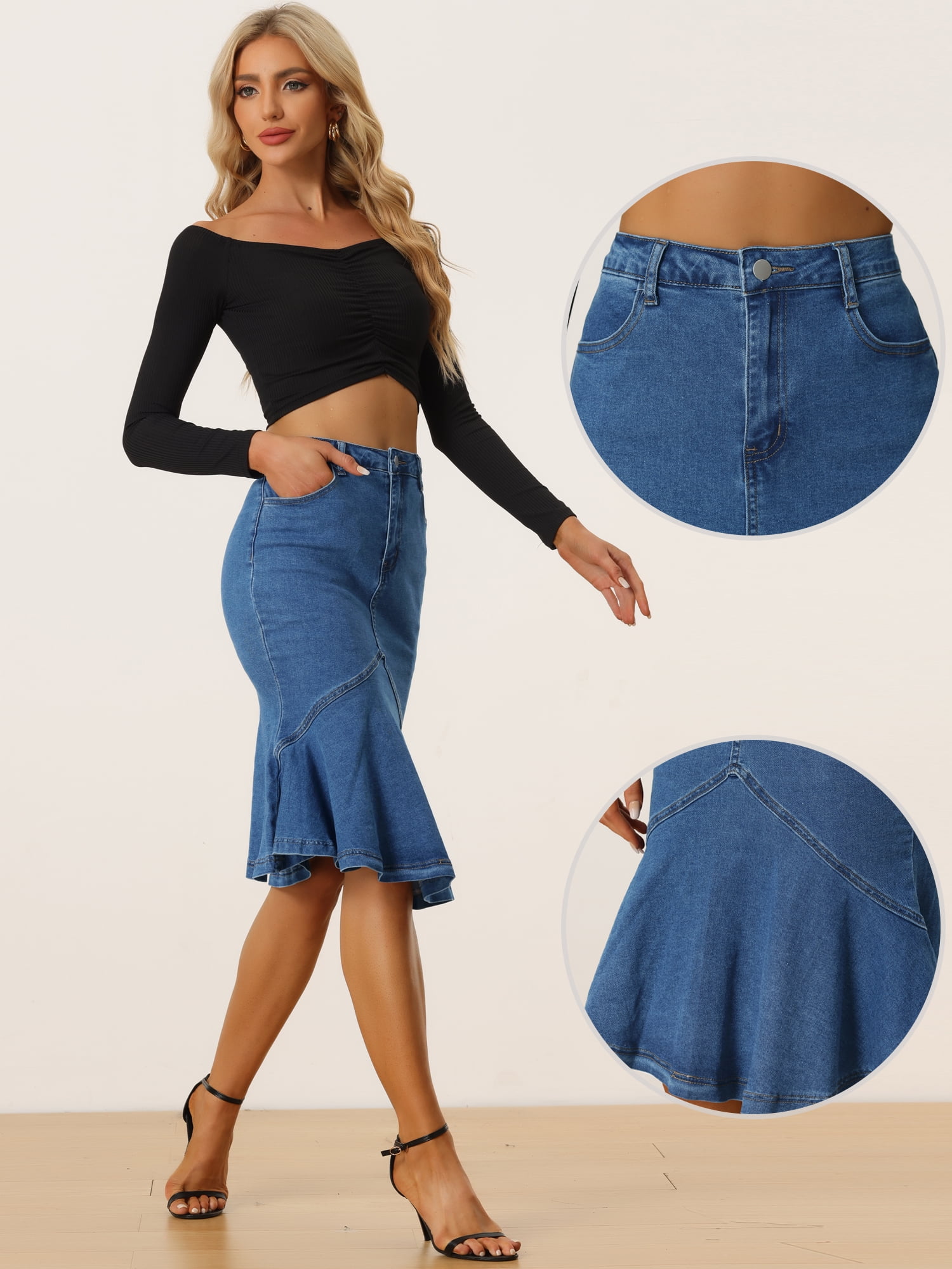 DARING DIVA Women's Denim Jean Bodycon Ruffles Fishtail Skirts XL Dark Blue